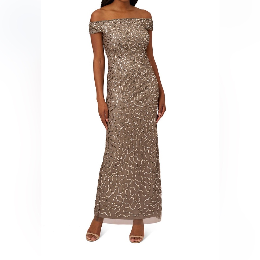 NWT Adriana Papell Elegant Off-Shoulder Sequin Dress - Lead